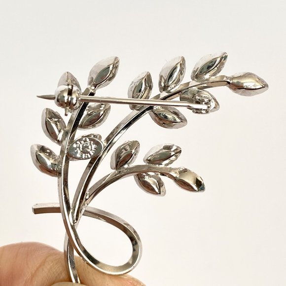 Star Art Retro Crystal Rhinestone Silver Leaf Spray Brooch Pin Marked Sterling - Picture 3 of 8